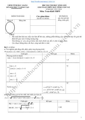 Bài thi học sinh giỏi giải toán trên máy tính cầm tay tỉnh Bắc Giang năm học 2013-2014 môn Toán-khối THPT